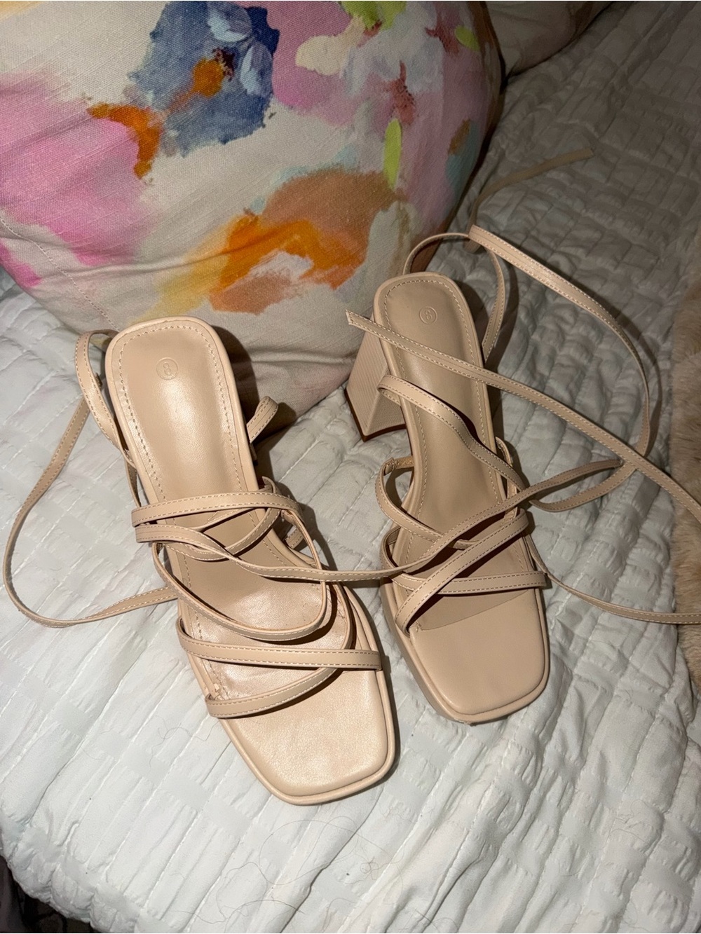 Women's Strappy Square-Toe Heeled Sandals in Nude